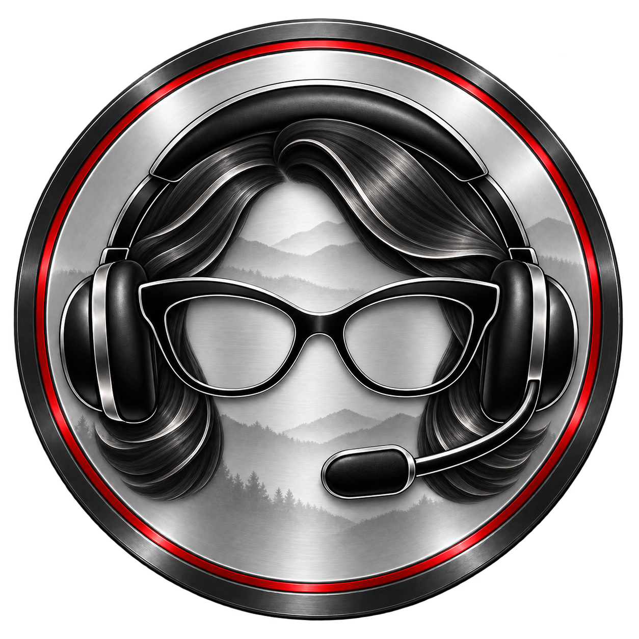 Swept dark hair, black headset and glasses on a silver mountain emblem