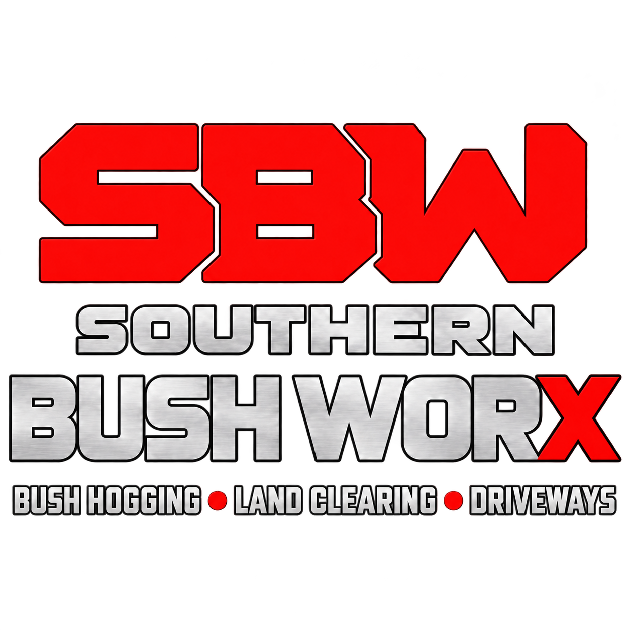 Southern Bush Worx: red SBW initials, silver name, and Bush Hogging • Land Clearing • Driveways.