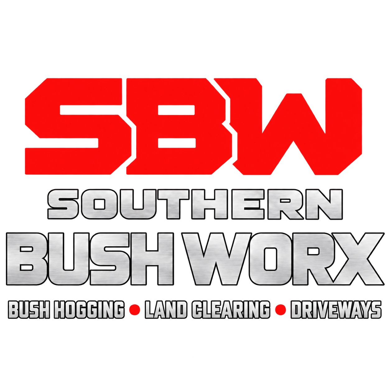 Southern Bush Worx: red SBW initials, silver name, and Bush Hogging • Land Clearing • Driveways.